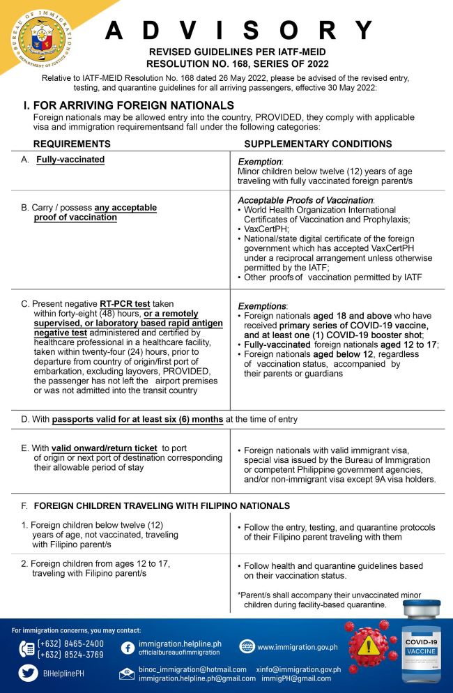 Philippine Immigration Advisory Revised Entry, Testing and Quarantine
